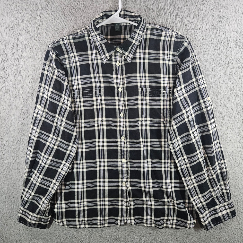 Lauren Ralph Lauren Plaid Button Down Shirt Womens XL Black White Cotton Flannel